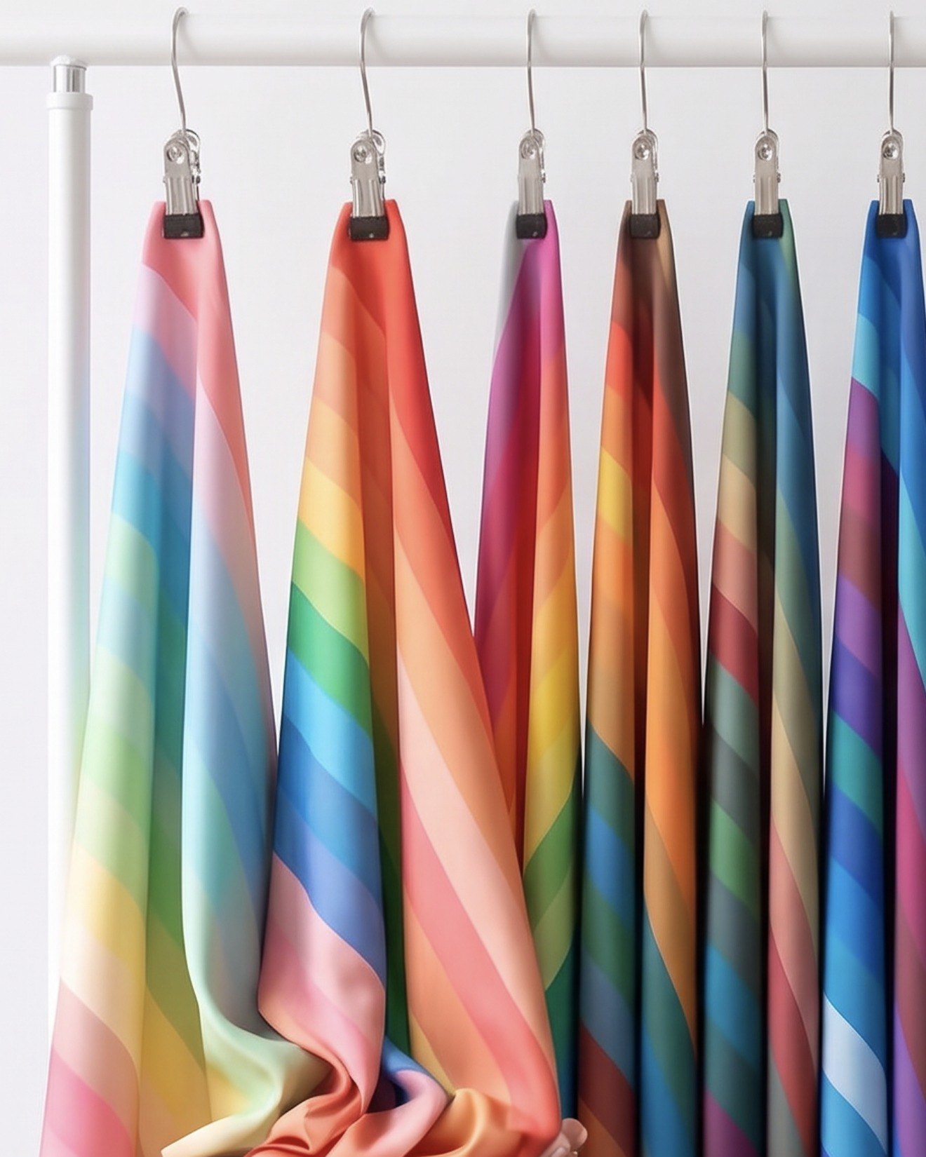 A hand lifting a soft striped seasonal drape from a rack of color analysis drapes
