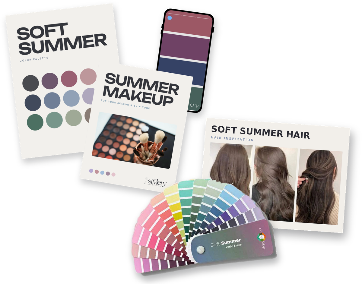A Soft Summer color palette, makeup guide, digital swatches, hair guide and swatch fan