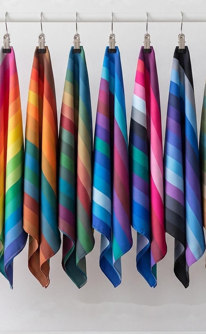A rack of striped seasonal color analysis drapes, one for each season