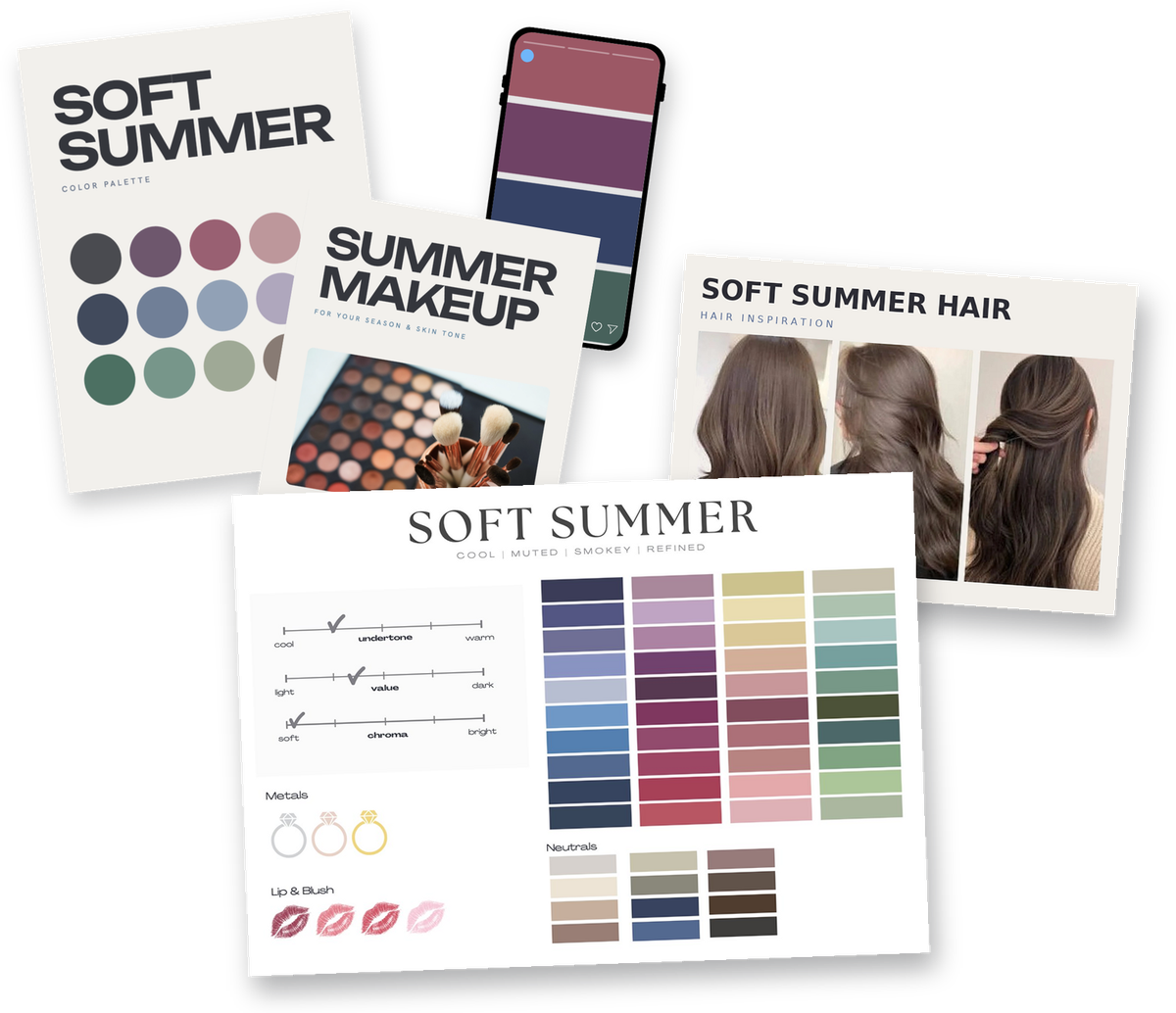 A printed Soft Summer palette card in front of digital guides: a Soft Summer palette, summer makeup guide, digital swatches on a phone and hair inspiration