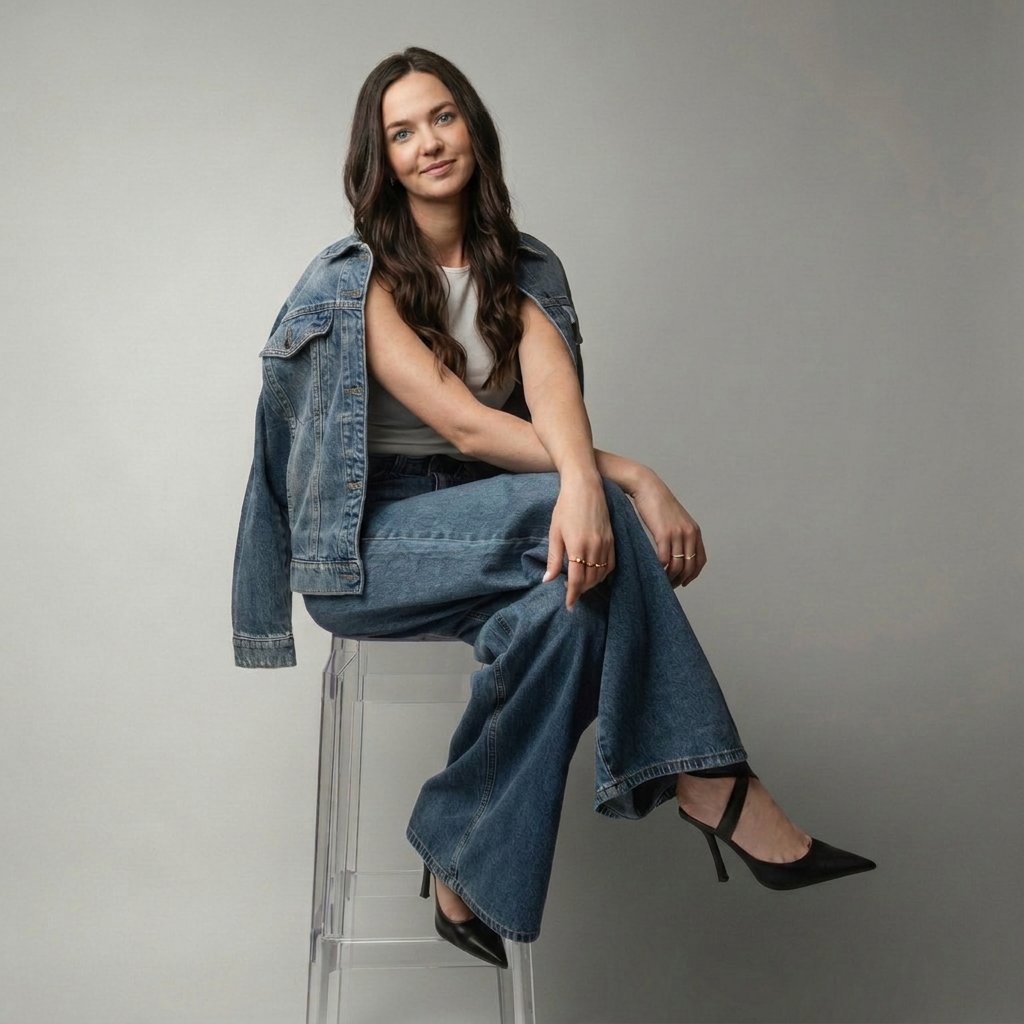 Nicole, Kibbe stylist, seated on a clear stool in wide-leg jeans with a denim jacket over her shoulders
