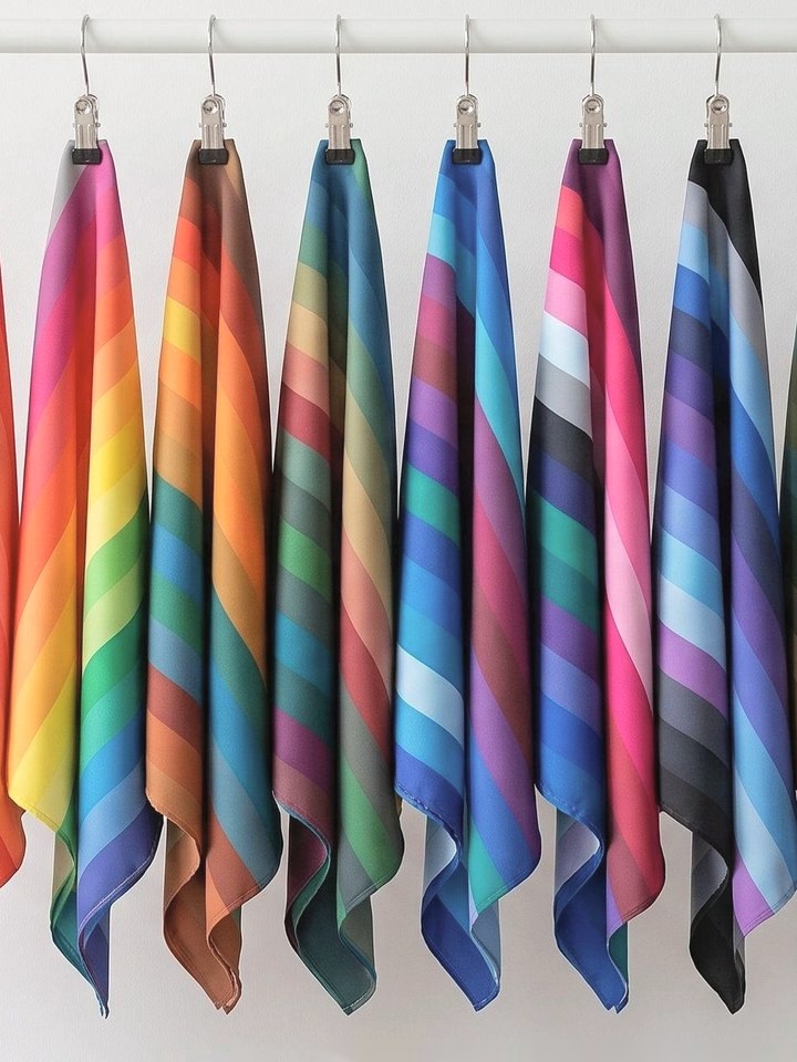 A rack of striped seasonal color drapes in the studio